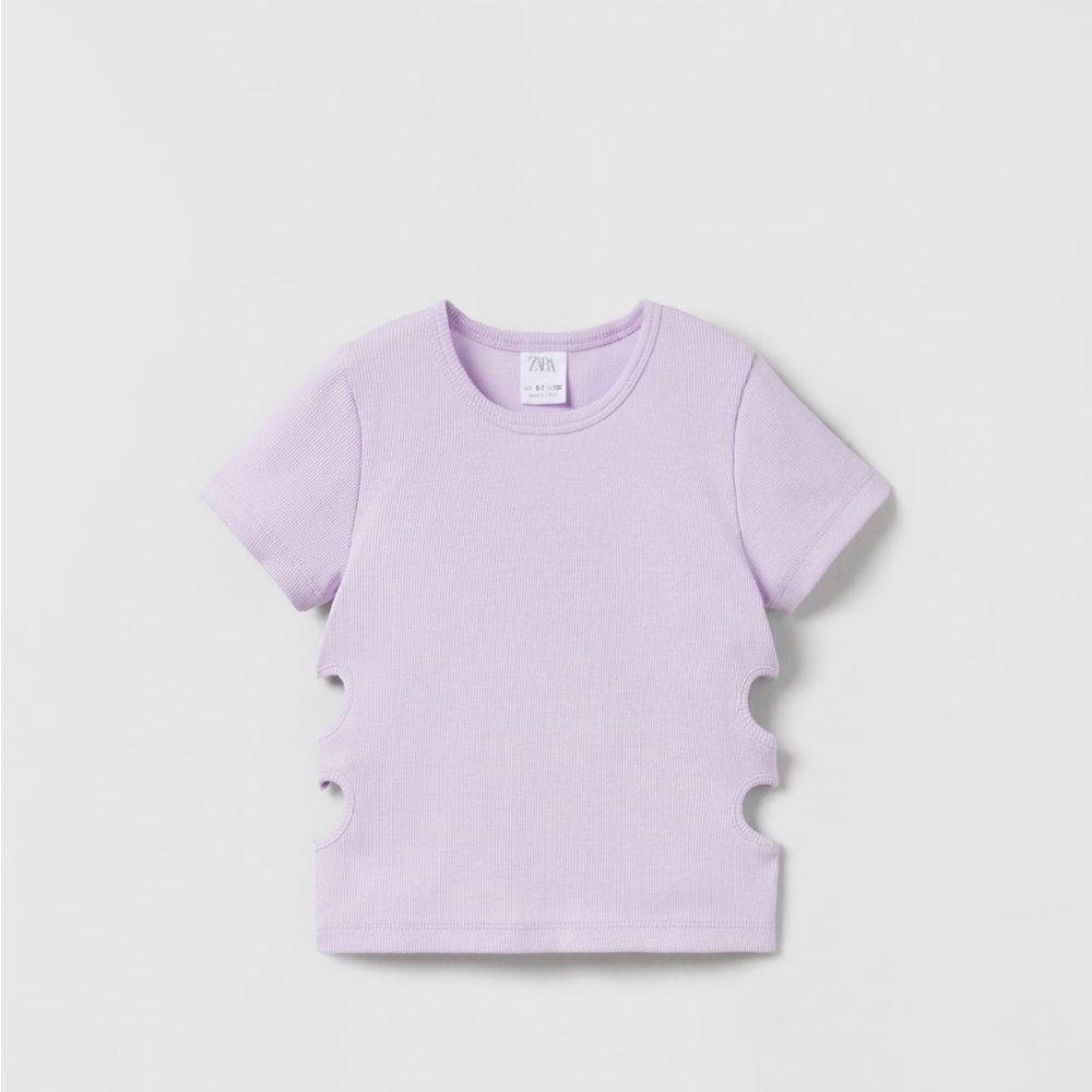2 Zara RIBBED T-SHIRT WITH HEART-SHAPED CUTOUTS • Purple&White • Size 9-10 • NEW